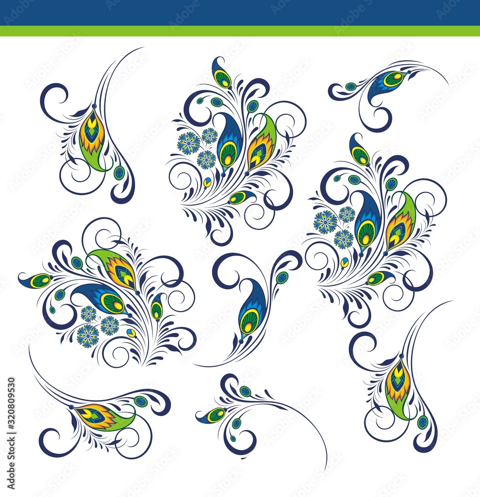 Decorative elements. Template for logos, labels, stickers, cards. Graphic design page. Classic design elements for wedding invitations with peacock feathers Decorative elements. Template for logos, labels, stickers, cards. Graphic design page. Classic design elements for wedding invitations with peacock feathers