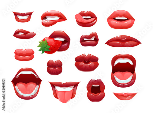Red lips female, sexy woman's lips with differents emotions