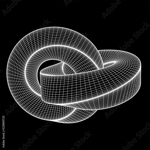 Mobius strip ring knot sacred geometry. Spatial figure with upturned surfaces. Optical illusion with dual circular contour. Wireframe low poly mesh vector illustration.