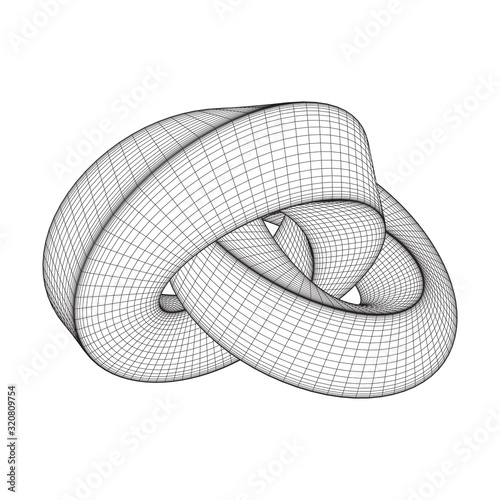 Mobius strip ring knot sacred geometry. Spatial figure with upturned surfaces. Optical illusion with dual circular contour. Wireframe low poly mesh vector illustration.