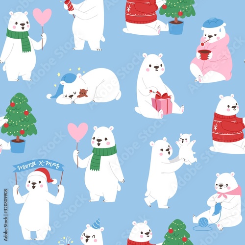 Vector seamless pattern with cute polar bears. Cartoon arctic white bears in sweater and scarf, with heart and gift, with baby, christmas tree and sleeping, ill bear on blue background.