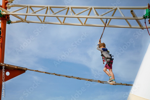 Wallpaper Mural Happy little kid boy climbing on high rope course trail. Active child making adventure and action on family vacations. Challenge for brave kids. Torontodigital.ca