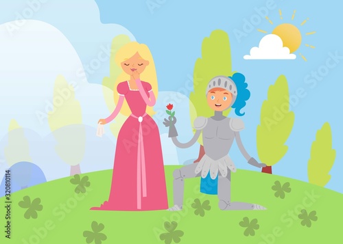 Medieval fairy love tale knight and princess vector cartoon characters illustration. Fantasy knight on knee with flower and beautiful princess lady in dress. Knightly love and behavior. © partyvector