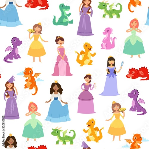 Princess and medieval girls and dragons seamless vector pattern. Fairytale girls princesses in colorful dresses and crowns with fanny baby dragons isolated on white background for textile for girls. photo