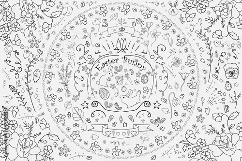 Happy Easter set for coloring book. Anti stress coloring Festively decorated Easter