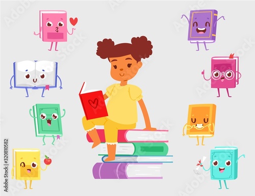 Dark skinned girl sitting on pile of books and reading vector illustration. Cute kawaii books with funny faces and girl. Kids love read books educational idea for libraries or schools and preschool.