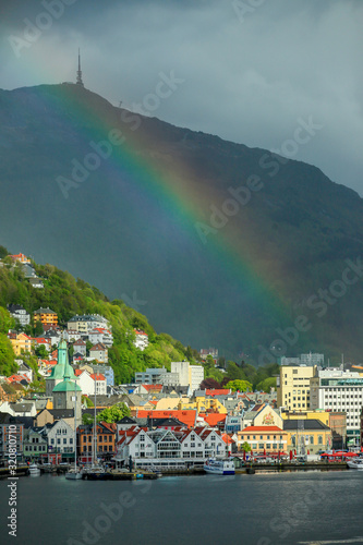 BERGEN NORWAY - 2015 JUNE 01. Rainbow from the top of Ulriken the highest mountain in Bergen city.