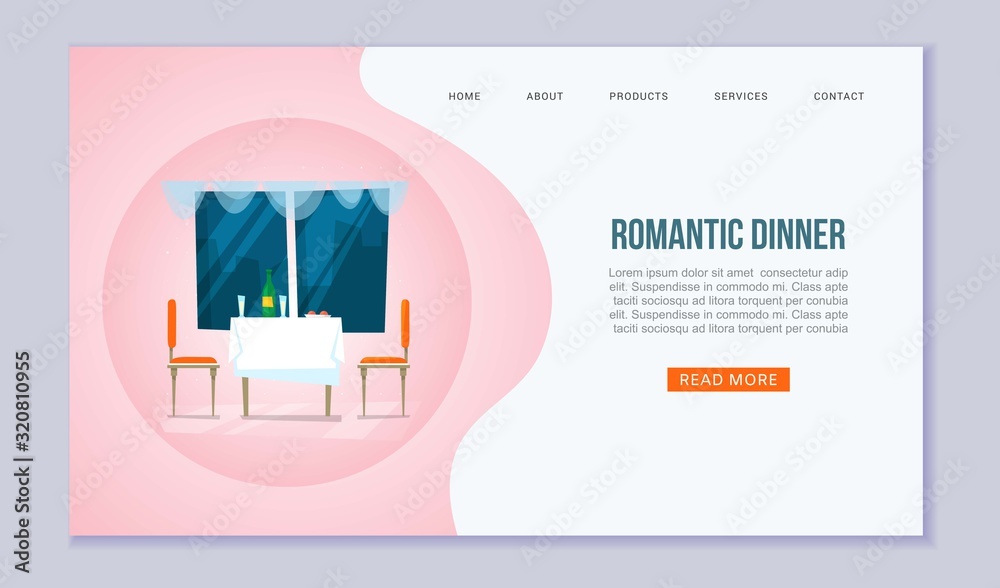 Romantic dinner vector website template. Dining table for date, glasses of wine, food, window with night sky and chairs. Flat style illustration for web page to order romantic dinner at restaurant.
