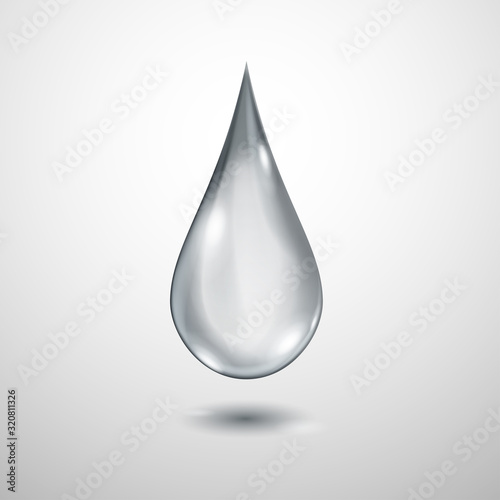 One big realistic translucent water drop in gray colors with shadow