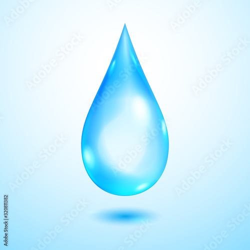 One big realistic translucent water drop in blue colors with shadow