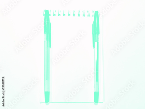 opened notebook paper with pen on white desk, copy space. Aqua Menthe