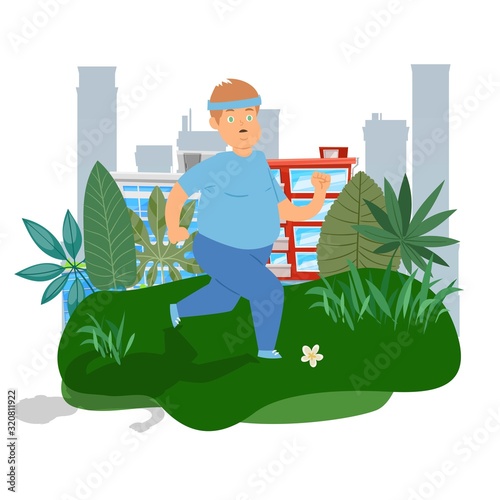 Fat cartoon sport man jogging in city park vector illustration. Weight loss, cardio training, health conscious concept. Running sport man workout isolated on white.