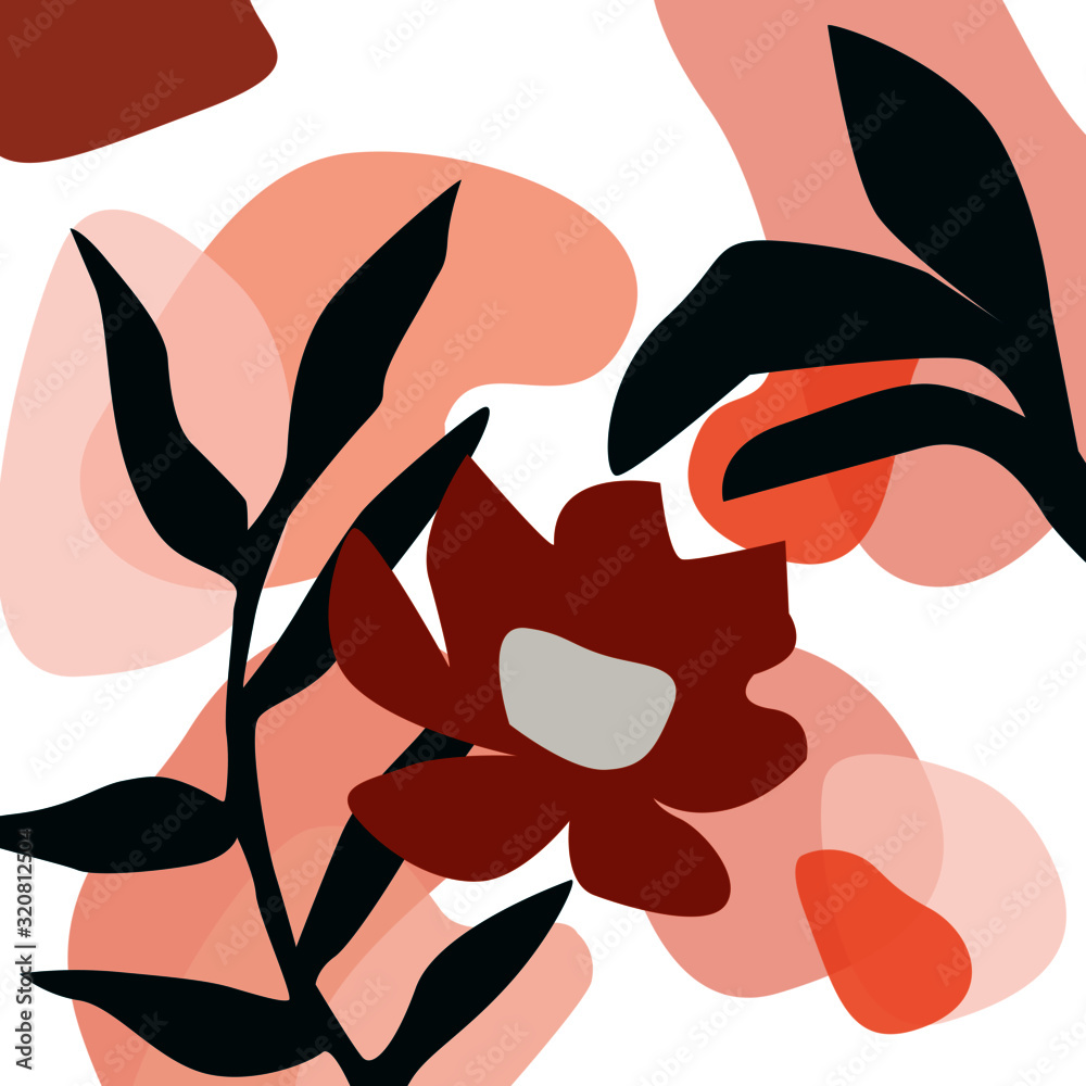 Modern abstract art design with organic shapes. Contemporary collage style design with hand drawn botanical elements and abstract shapes in trendy warm color palette. Modern abstract art design with organic shapes. Contemporary collage style design with hand drawn botanical elements and abstract shapes in trendy warm color palette.