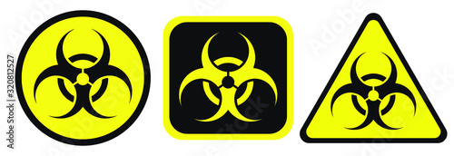 Biohazard warning black and yellow signs in circle, square and triangle shape. A biological hazard vector symbol isolated on white background.