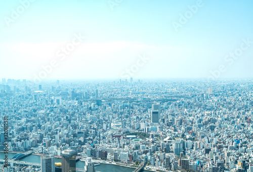 Tokyo, Japan - Mar 27, 2019:Asia business concept for real estate and corporate construction - panoramic urban city skyline aerial view under sky in tokyo, Japan