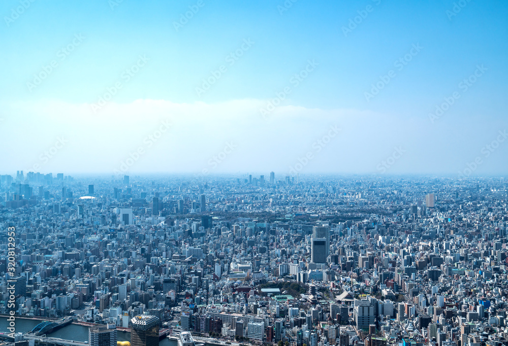 Tokyo, Japan - Mar 27, 2019:Asia business concept for real estate and corporate construction - panoramic urban city skyline aerial view under sky in tokyo, Japan