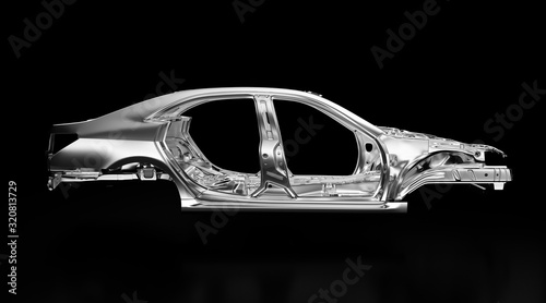 Side view of production sedan car stainless steel or aluminium body and chassis frame. Metallic vehicle framing base isolated against black background with reflections. 3D rendering illustration. photo