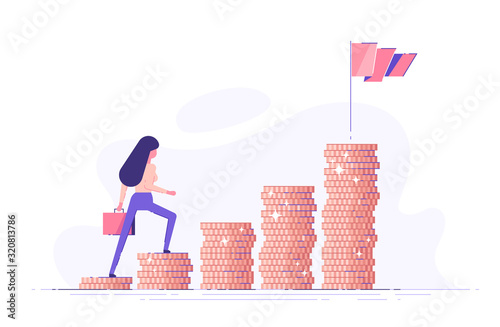 Business woman is climbing stairs from stacks of coins  toward his financial goal. Personal investment and pension savings concept. Modern vector illustration.