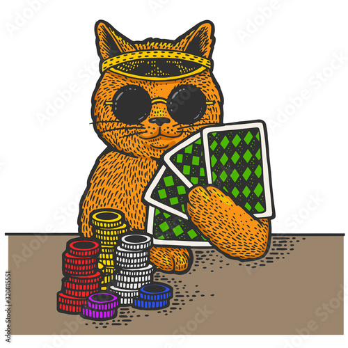 Cartoon cat poker player sketch engraving vector illustration. T-shirt apparel print design. Scratch board imitation. Black and white hand drawn image.