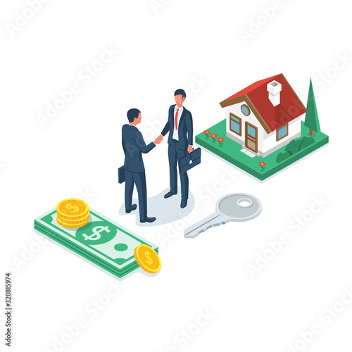 Buying house. Real estate deal, shake hands. Exchange of money at home. Purchase home. Vector illustration 3d isometric design.