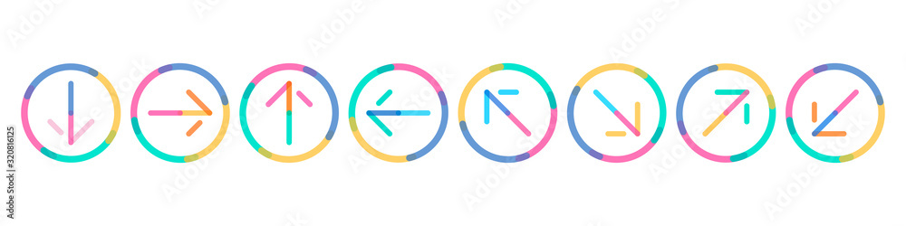 Set of multicolored arrows. Bright modern direction signs. Movements in different directions. Flat style Set of multicolored arrows. Bright modern direction signs. Movements in different directions. Flat style