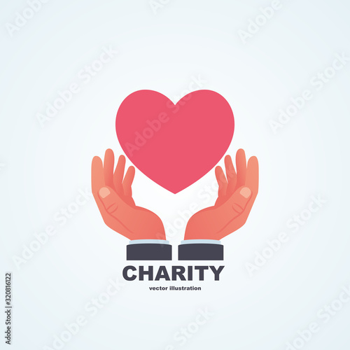 Charity concept. Donator holding heart in their hands. Vector illustration flat design. Isolated on white background. Volunteer icon Poster. Human helping. Healthcare.