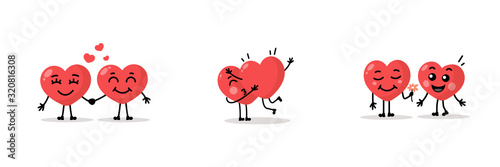 Two happy hearts character on white background. Cartoon heart collection. Happy Valentine's day banner, poster, postcard, flyer. Vector illustration.