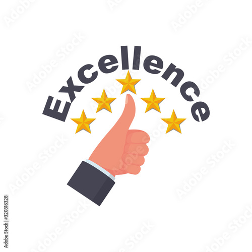 Excellence concept. Star rating. Vector illustration flat design. Isolated on white background. Quality work. Man likes and gives 5 stars. Feedback vector. Evaluation system. Positive review.