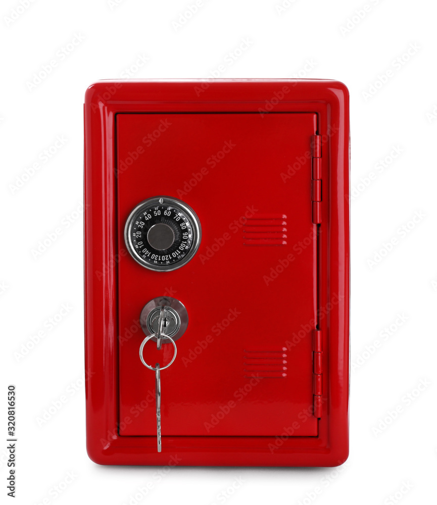 Red steel safe with keys isolated on white Red steel safe with keys isolated on white