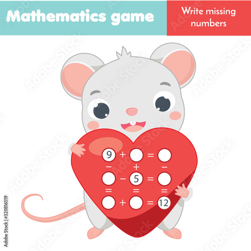 Educational game for children. Complete equations. Study Subtraction and addition. Mathematics worksheet for kids