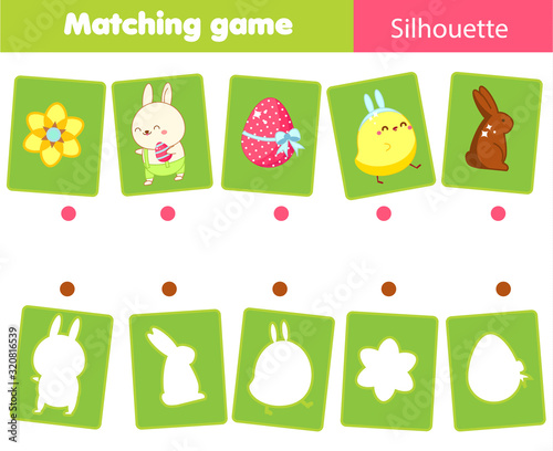 Matching game. Match Easter objects with silhouette. Educational kids activity. Spring theme fun page for toddlers