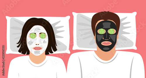 Funny Vector illustration of a married couple with clay masks on the face and cucumbers in front the ears. Spa at home. skin care.