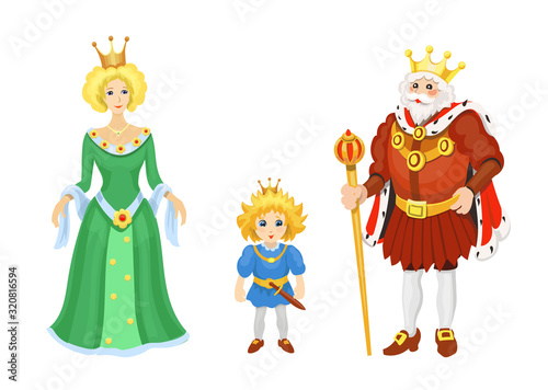 Cartoon Medieval characters. Fairy tale King queen and prince icons. Fairytale fantasy vector set
