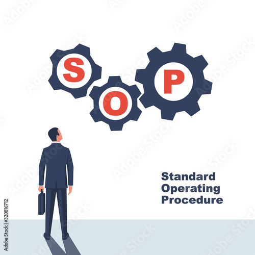 SOP concept. Standard Operating Procedure. Step-by-step work instruction. Organization of process. Vector illustration flat design. Isolated on white background. Planning symbol for successful people.