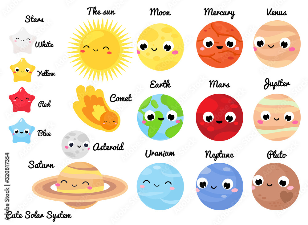 Solar system for kids. Cute sun and planets characters in cartoon style on  dark space background. Vector illustration for kindergarten and school  science education 2143607 Vector Art at Vecteezy