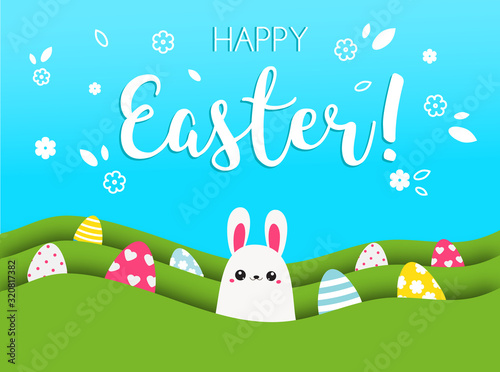 Colorful Easter banner with cute bunny and eggs. Easter design template in paper style