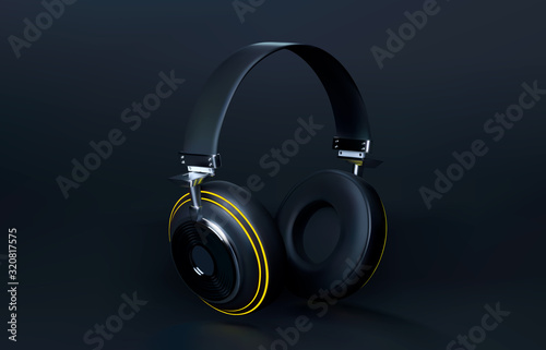 Vector modern wireless 3D headphones on black background.