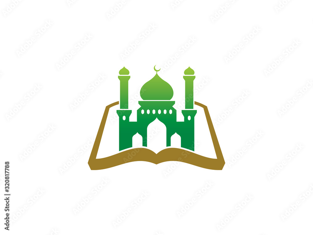 Mosque and Al-Qur'an or book logo template design, emblem, symbol or icon