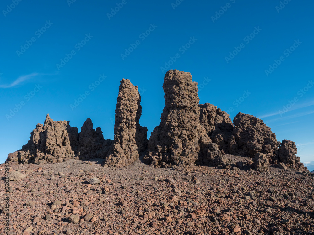 Lava rock formation at top Roque de los Muchachos mountain peak in Caldera Taburiente La Palma at Canary Islands