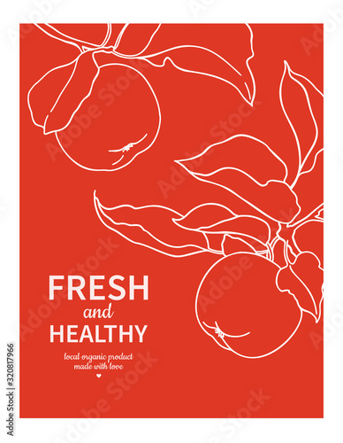 Apple label vector drawing. Juice or cider template. Hand drawn fruit illustration.