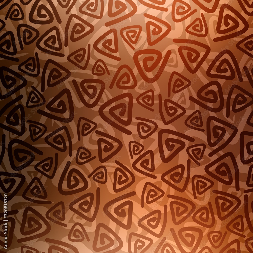 Triangle loops pattern. Brown orange african ornament on golden bright background. Abstract plexus twirl illustration.