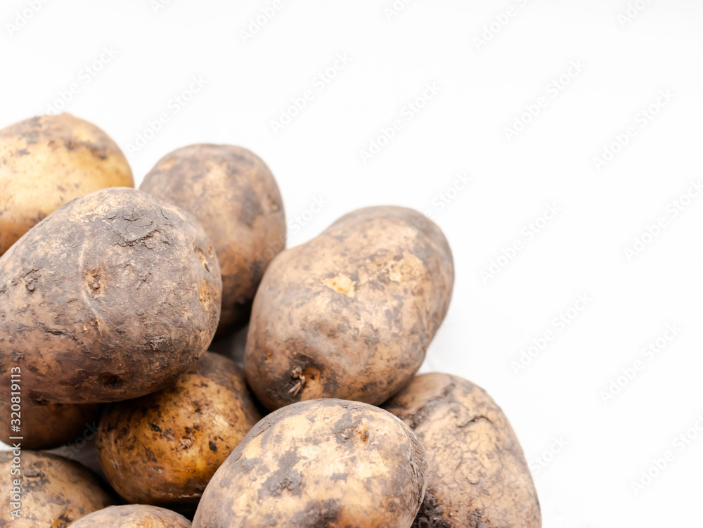 Dirty not washed potatoes. Lots of potatoes. Fresh potato with ground on the rind. dirty raw potatoes in large quantities, not washed. With place for your text, lettering. Dirty not washed potatoes. Lots of potatoes. Fresh potato with ground on the rind. dirty raw potatoes in large quantities, not washed. With place for your text, lettering.
