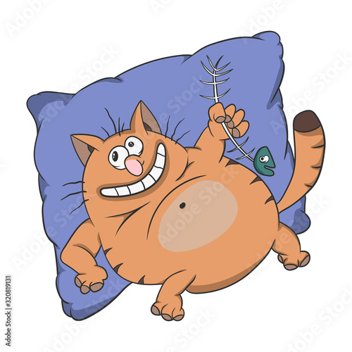 Cartoon fat lazy cat lies on a pillow and eats fish. vector illustration on a white background.