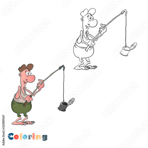 Cartoon fisherman caught a tin can on a fishing rod. Vector illustration.Cartoon fisherman caught a tin can on a fishing rod. Vector illustration in the form of coloring and color example.