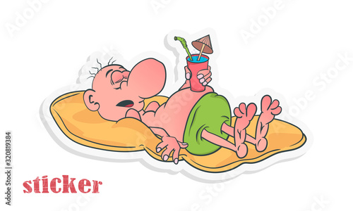 Cartoon man sleeping on an air mattress and holding a beach cocktail in his hand. Vector illustration in the form of a sticker.