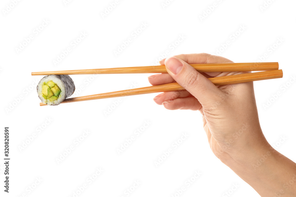 Woman holding sushi roll on white background, closeup Woman holding sushi roll on white background, closeup