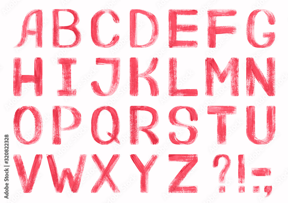 Latin alphabet with coral letters. Hand-painted illustration. English alphabet. Isolated on white background. pink-red textured font. Peeling paint texture. Gouache, oil or acrylic technique.