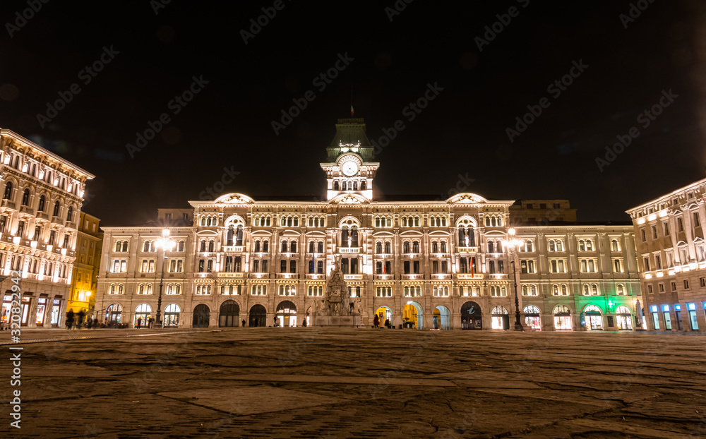Fototapeta premium TRIESTE, ITALY - JANUARY 27, 2020: Night photo of City hall in Trieste.