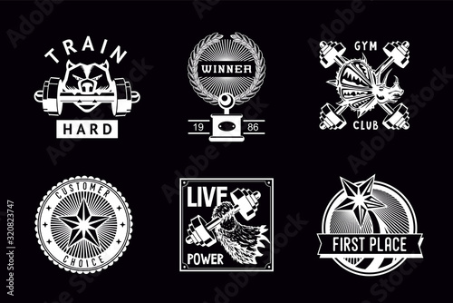 Fototapeta Gym club vector emblem. Sport signs vintage set. Line art retro graphic with barbell.