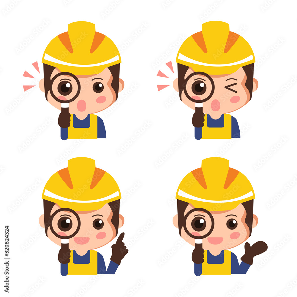 Set construction worker looking through a magnifying glass. Industrial safety cartoon. vector illustration